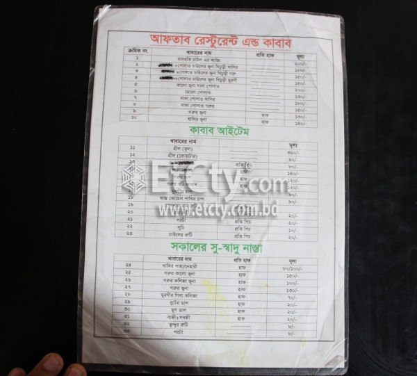 Aftab Restaurant & Kabab (Food Menu)