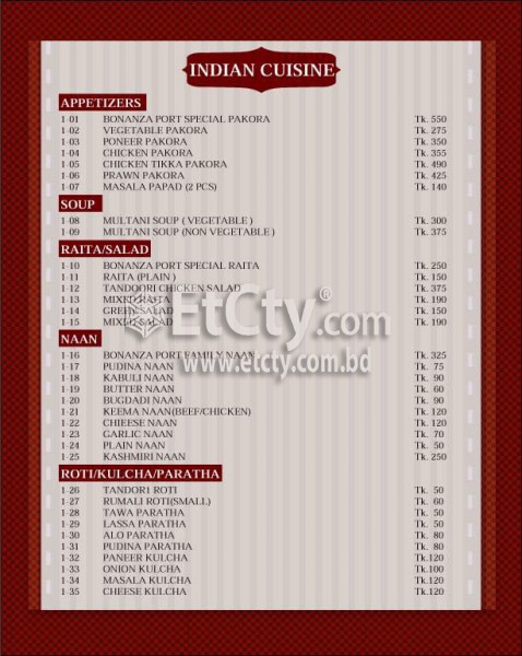 Bonanza Port Restaurant (Food Menu)